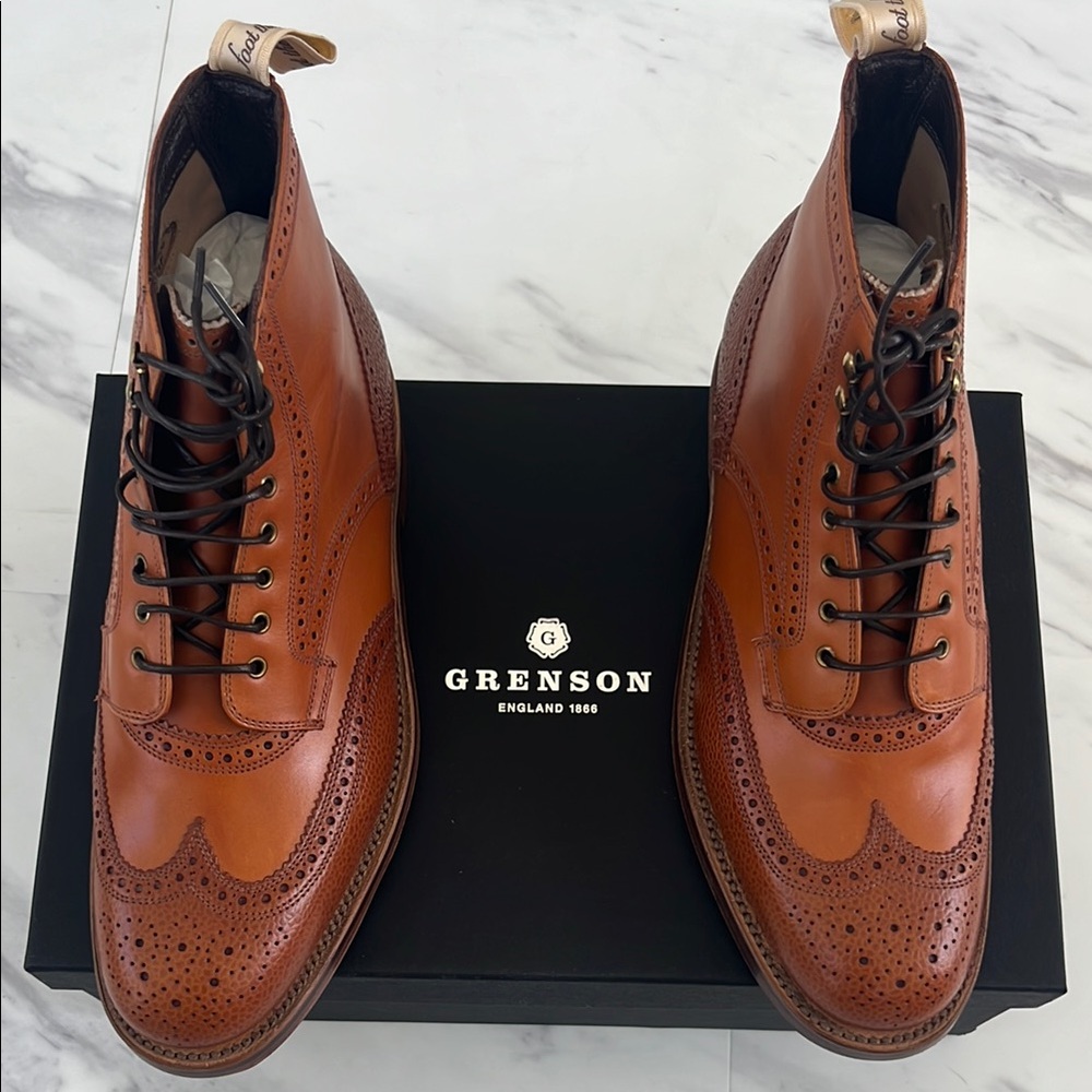 Grenson Brown Brogue Boots with Wingtip Detailing